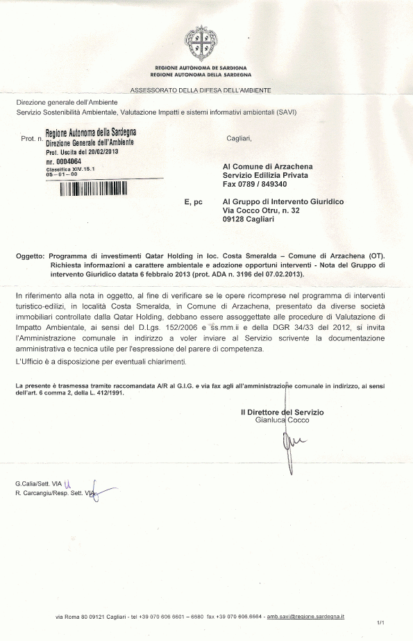 nota Servizio SAVI RAS su Costa Smeralda 2, feb. 2013